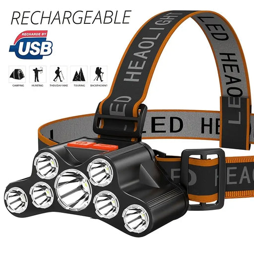 7 LED Rechargeable Headlamp - Waterproof, High Brightness Flashlight for Camping, Hiking, Fishing & Emergency Use
