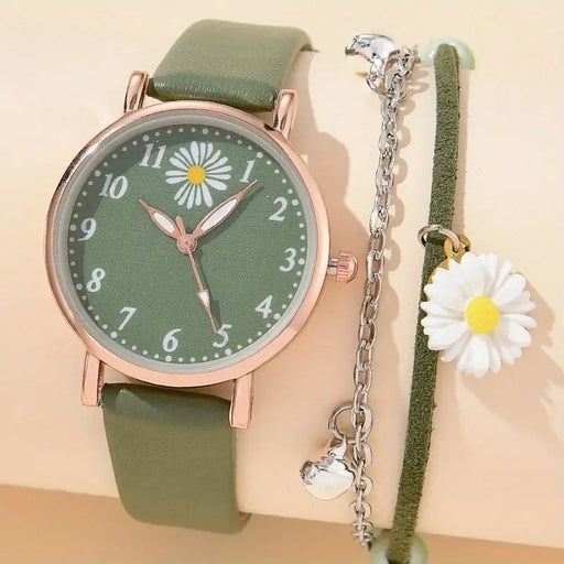 1pc Round Pointer Quartz Watch Cute Daisy Charm Electronic Wristwatch With PU Leather Strap & 1pc Bracelet, Best Gift For Her