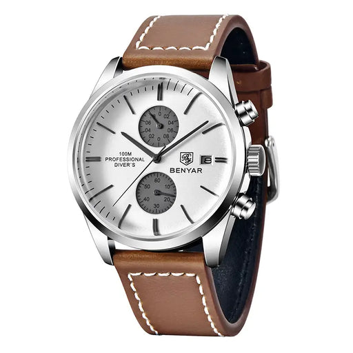 1pc New BENYAR Men's Leather Quartz Wristwatch Luxury Brand Men's 100M Waterproof Multifunctional Watch Military Sports Chronograph Watch For Men