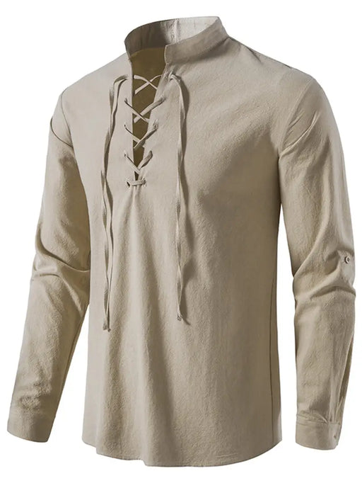 Men's Casual Cotton Linen Shirt Solid Color Drawstring Shirt