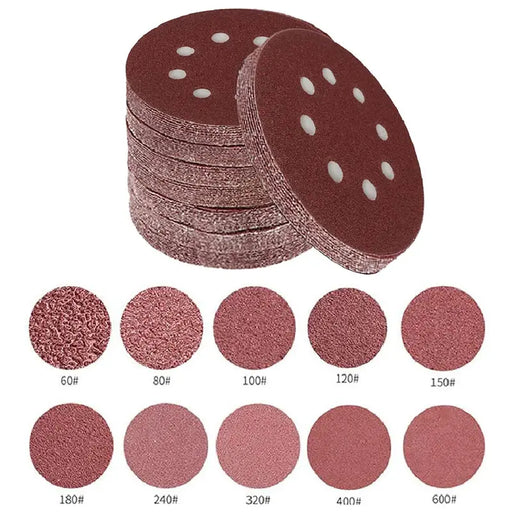 100pcs Sandpaper-5 Inches 8-hole Flocking Red Sand Disc Sandpaper, Particle Size #60~#600, A Total Of 10 Specifications Mixed