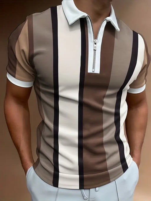 Plus Size Fashion Men's Color Block Vertical Striped Business Polo Shirt, Comfy Short Sleeve Casual Polo Top, Summer Men Clothes