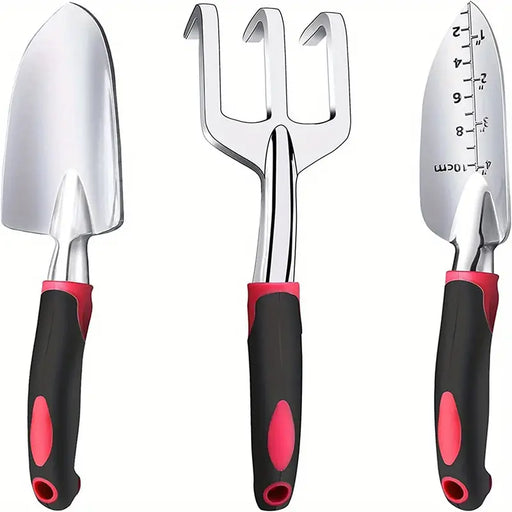 3pcs/set Garden Tool Set, Cast-Aluminum Heavy Duty Gardening Kit Includes Hand Trowel, Transplant Trowel And Cultivator Hand Rake With Soft Rubberized Non-Slip Ergonomic Handle, Garden Gifts (Red)