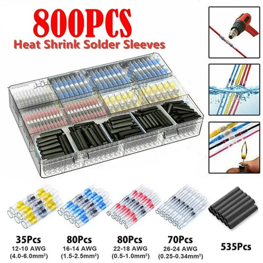 800Pcs Heat Shrink Butt Crimp Terminals Waterproof Solder Seal Electrical Butt Connectors Wire Cable Splice Terminal
