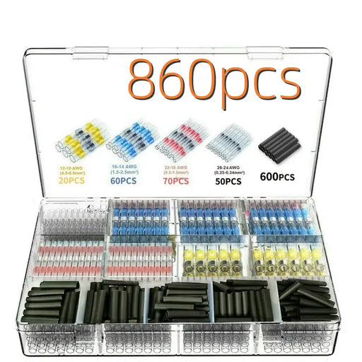 860-Piece Solder Seal Wire Connector Kit - 50 White, 70 Red, 60 Blue, 20 Yellow, 660 Black Heat Shrink Tubings