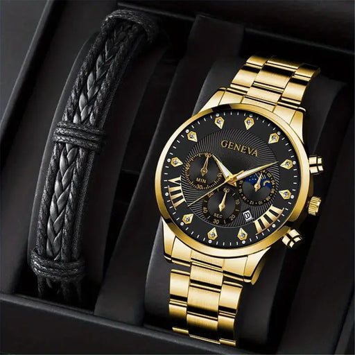 Men's Rhinestone Inlaid Alloy Steel Band Quartz Watch & Bracelet Set With Calendar