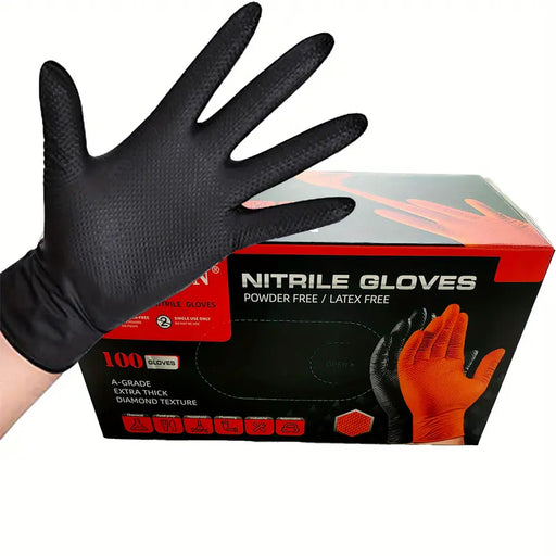 100pcs Black Industrial Pure Nitrile Gloves With Raised Diamond Texture, Latex Free,Non-slip Extra Thick Industrial Grade Wear-Resistant Oil-proof Gloves For Auto Repair Gardening Work