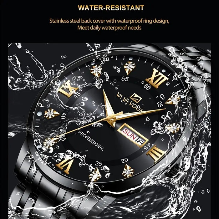 1pc New Warbic Men'S Watch Glow-In-The Dark Calendar Week Display Waterproof Multifunctional Steel Strap Business Men'S Quartz Watch