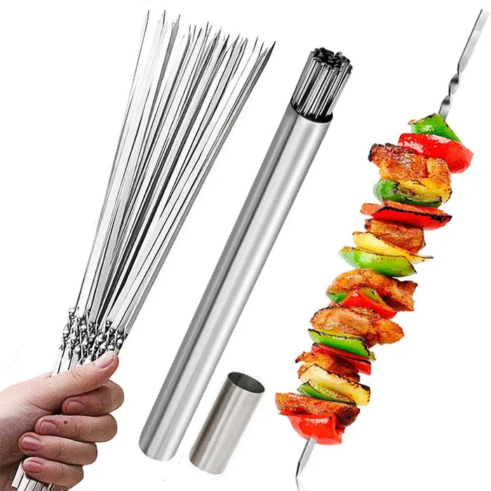 15pcs Reusable Stainless Steel BBQ Skewers & Tube Storage - Perfect for Grilling, Shish Kebab, Camping & More